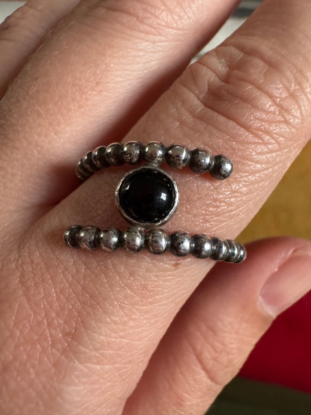 Handmade Sterling Silver Beaded Black Onyx Open Ring